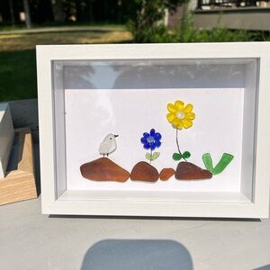 Framed Glass Art with Flowers and Bird
